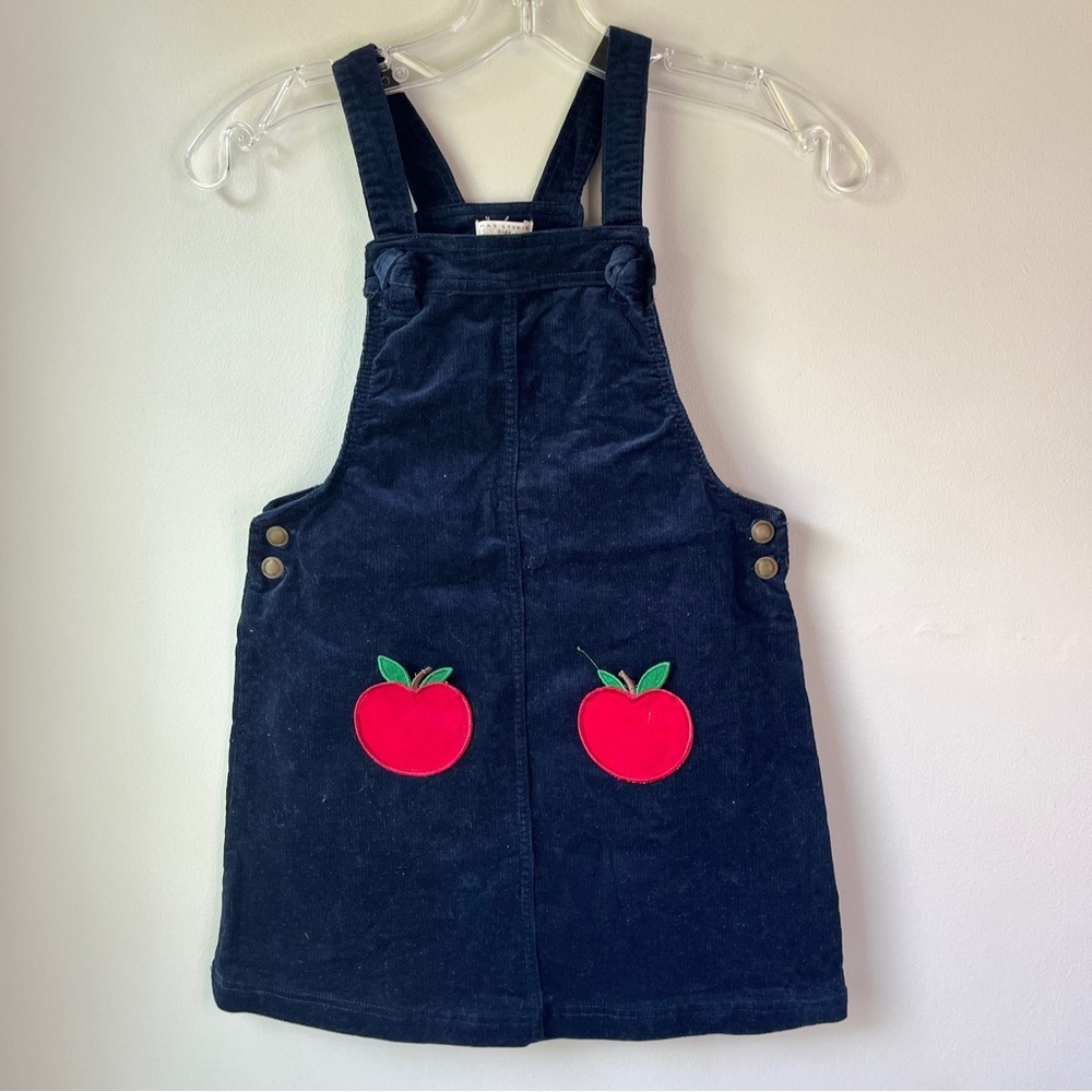 Max Studio First Day of School Navy Blue Overall Dress with Apple Pockets